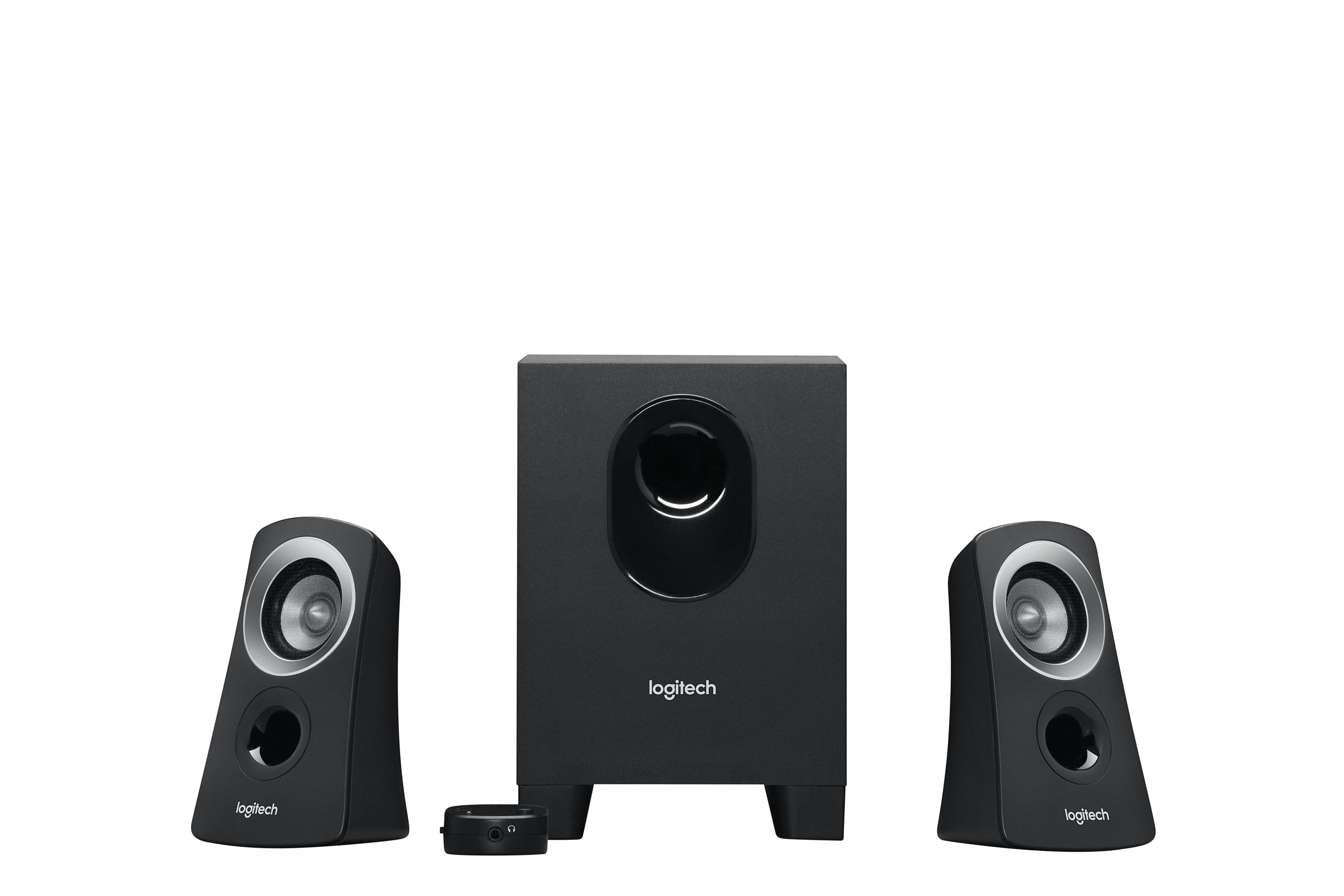 Logitech 2.1 system with 25W RMS power and compact down-firing subwoofer. Wired