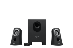 Logitech 2.1 system with 25W RMS power and compact down-firing subwoofer. Wired